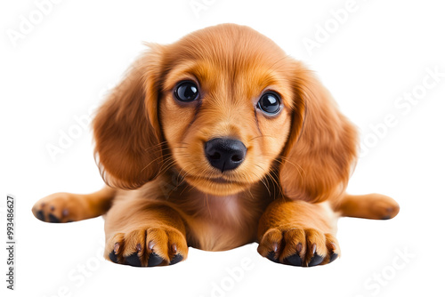 cute brown dachshund puppy dog lying on his paws and looking directly; doggy isolated on white background