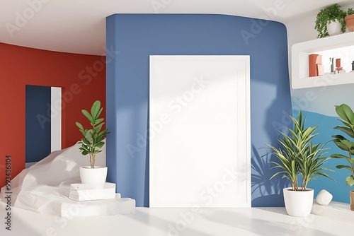 white mockup frame, interior Red and blue walls shelving, geometric shapes, plants, and natural light flow photo