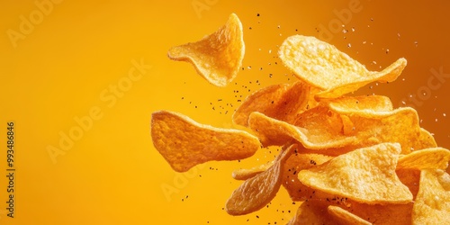 Crispy potato chips flying against a vibrant yellow background, capturing the essence of snack time indulgence and flavor.