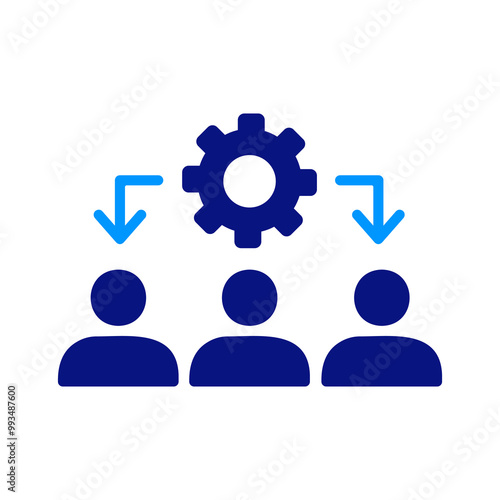 Three person icons under a gear icon, teamwork and collaboration, blue and light blue colors, downward arrows, group effort, shared responsibility, working together towards a goal.