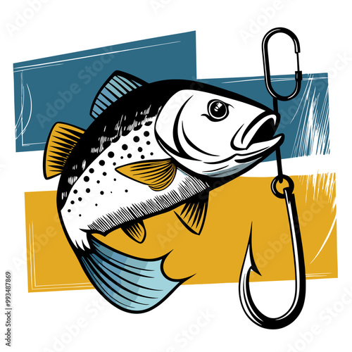 Fishing hook with caught fish, adventurous mood, hobby activity, aquatic background
