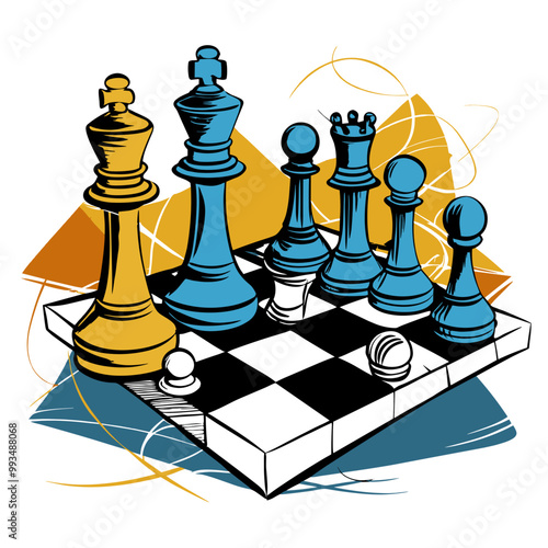 Chess pieces on board, strategic mood, leisure activity, colorful design