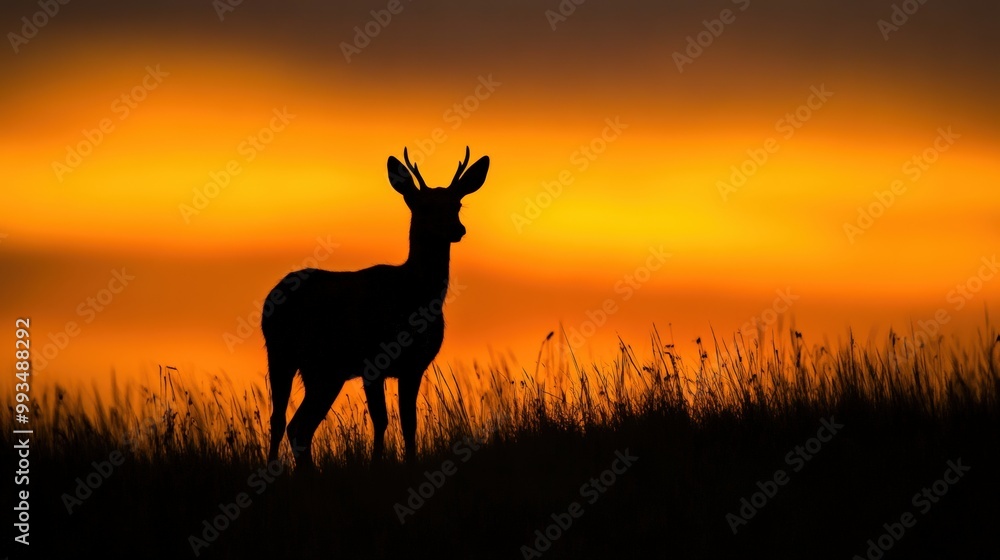 Naklejka premium Silhouette of a Deer Against a Dramatic Sunset with Minimalist Composition