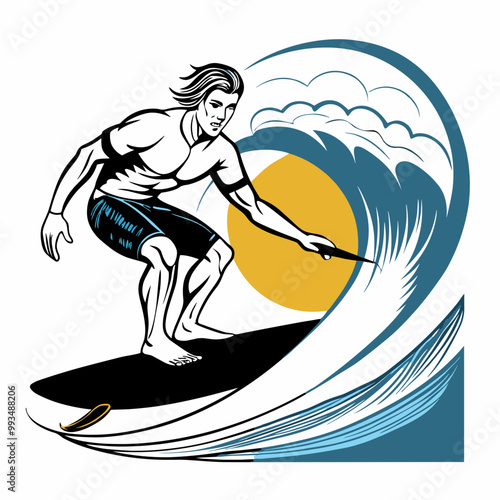 Surfer riding a wave, energetic mood, dynamic action, ocean background
