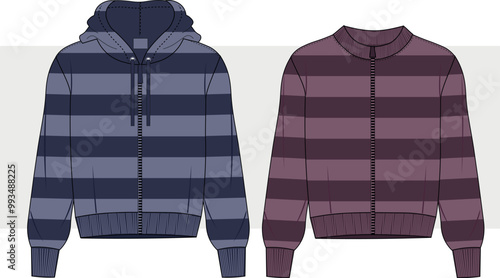 unisex full Zip Striped jacket and zipper striped hooded sweatshirt  technical fashion illustration. Flat apparel jumper template men's and women's CAD mock-up.
