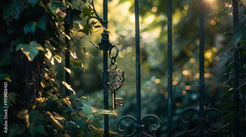 A vintage key hangs on a gate, surrounded by green ivy and soft sunlight, inviting curiosity and adventure in a secret garden.
