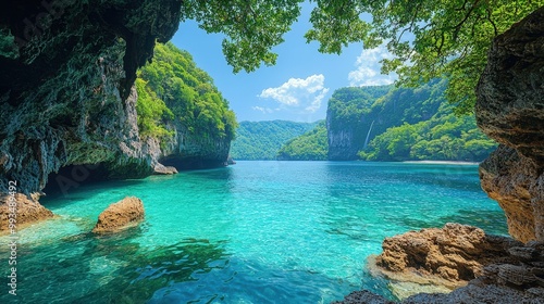 Serene Hidden Tropical Cove with Emerald Green Waters in Idyllic Tropical Landscapes photo