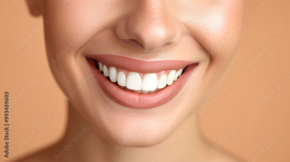 Obraz premium Beautiful female smile after teeth whitening procedure. Dental care. Dentistry concept