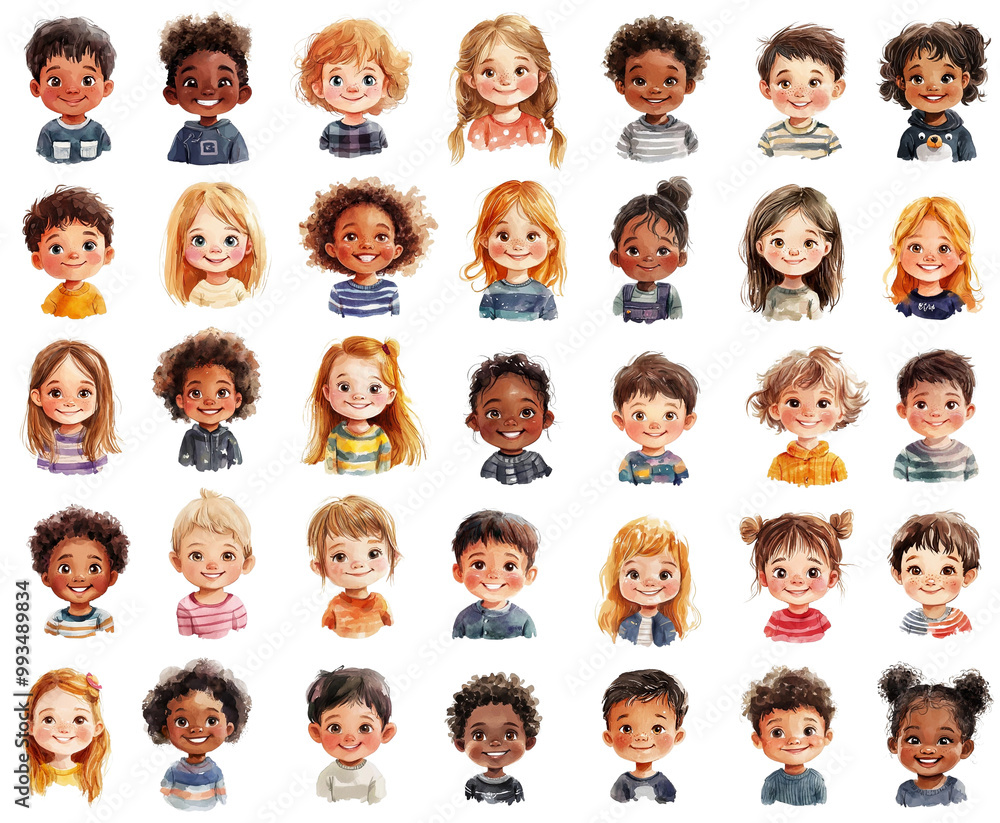 Collection of watercolor cartoon happy kids faces clipart, multinational smiling children faces clip art, kids heads Collection of watercolor cartoon happy kids faces clipart, multinational smiling children faces clip art, kids heads