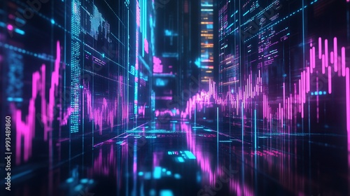 Dystopian Future of Economic Decline: Price Drop and Holographic Crisis in Neon Digital Business Struggle