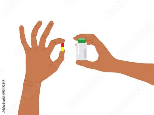 Human Hands holding medicine bottle and Pill Capsule. Pharmaceutical product. Vitamin, suplement, pill. Vector graphic. Medicament or vitamins. Pharmacy, drug store, medicine. Medical and healthcare