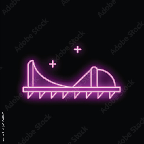 Bright purple neon sign representing a roller coaster in an amusement park, with its typical ups and downs, on a dark background