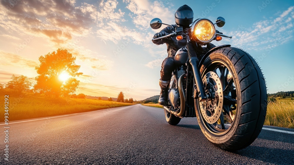 Fototapeta premium Motorcyclist Riding on a Country Road at Sunset