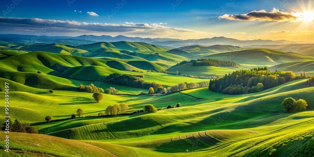 Obraz premium Serene Landscape Background with Rolling Hills, Lush Green Fields, and a Clear Blue Sky Above