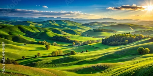 Serene Landscape Background with Rolling Hills, Lush Green Fields, and a Clear Blue Sky Above