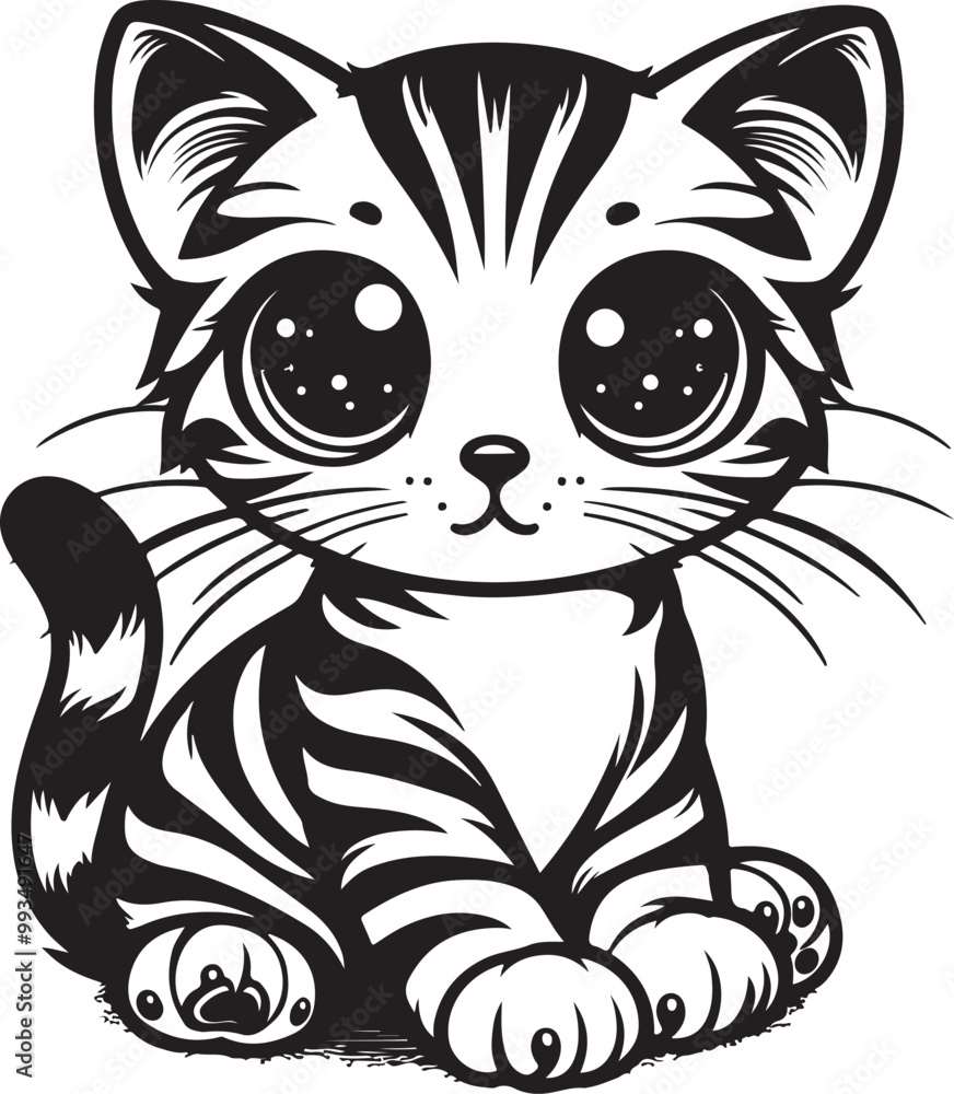 Obraz premium Cute kitten illustration, black and white vector art, big eyes, playful pose, stylized stripes, cartoon style