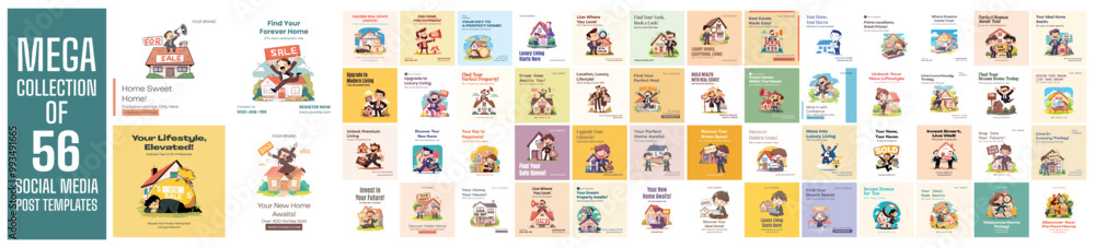 Fototapeta premium Mega collection of 56 social media post design template. Used for property agent advertising