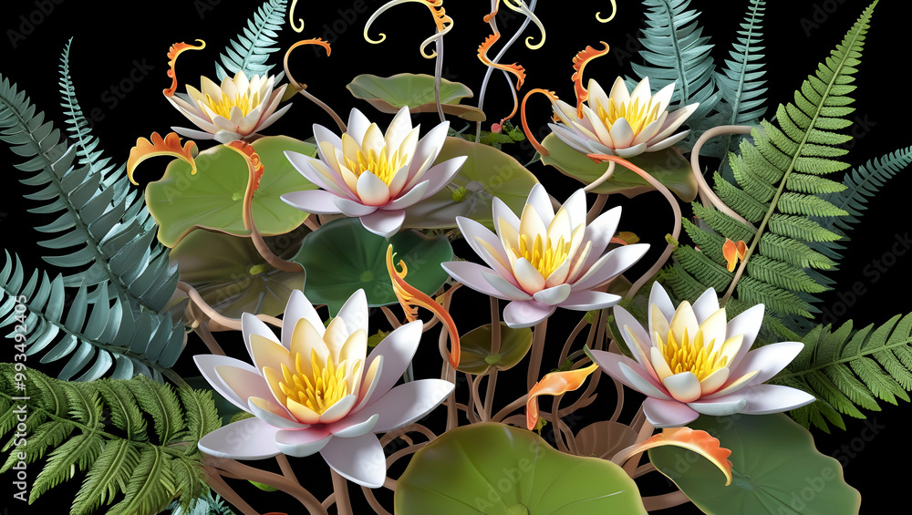 Fototapeta premium Elegant white lotus flower with bright yellow pistils. These flowers are surrounded by lush green leaves and lush ferns