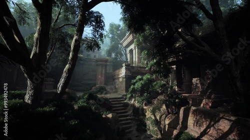 Ancient Temple Hidden In Dense Treefilled Forest photo