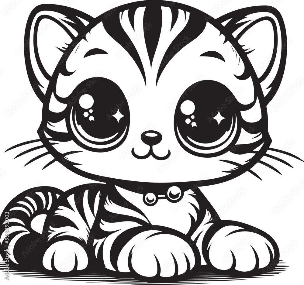 Obraz premium Cute kitten illustration, black and white vector art, big eyes, playful pose, stylized stripes, cartoon style
