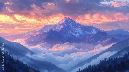 Stunning mountain landscape at sunset, featuring majestic peaks surrounded by colorful clouds and serene valleys