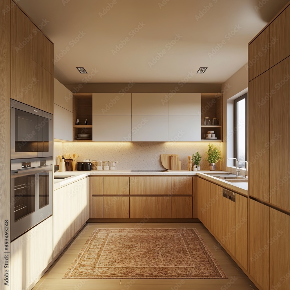 Interior of light kitchen with counters and carpet Interior of light kitchen with counters and carpet