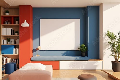 white mockup frame, interior Red and blue walls shelving, geometric shapes, plants, and natural light flow photo