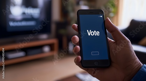 Hand Holding Phone with Vote Notification,Digital Reminder for Civic Engagement