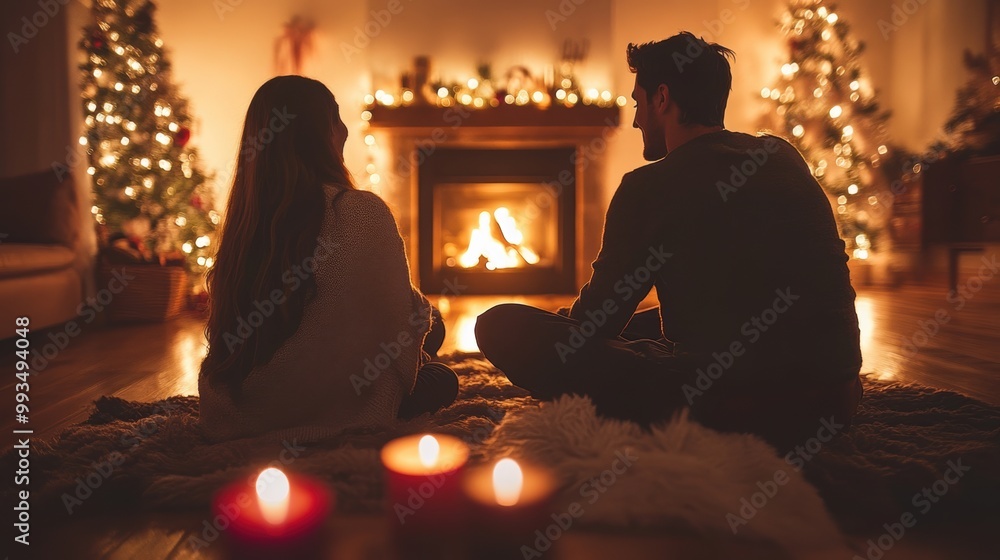 a cozy home setting with a fireplace, couples sharing a quiet moment as the new year begins, christmas eve a cozy home setting with a fireplace, couples sharing a quiet moment as the new year begins, christmas eve