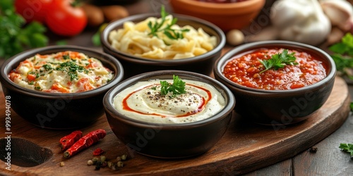 Four vibrant bowls of diverse sauces, including creamy, spicy, and tangy dips, showcase a colorful culinary presentation.