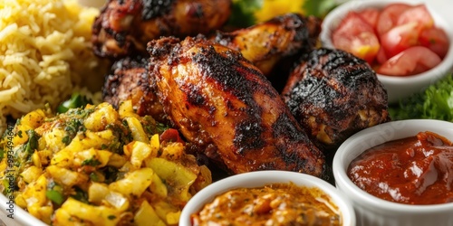 Grilled chicken wings served with flavorful sides, including rice, salsa, and fresh vegetables on a vibrant plate. photo