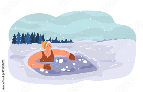 Senior woman hardening in ice hole in the winter pond.
