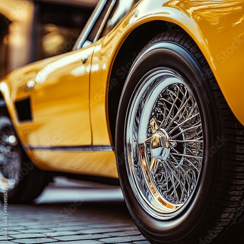 Chromed wheel disc. Yellow luxury Italian vintage sport car fragment, close up photo with selective soft focus