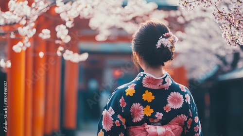 Young Japanese woman in traditional Kimono dress at Rokusonno shrine during full bloom cherry blossom period in Kyoto, Japan