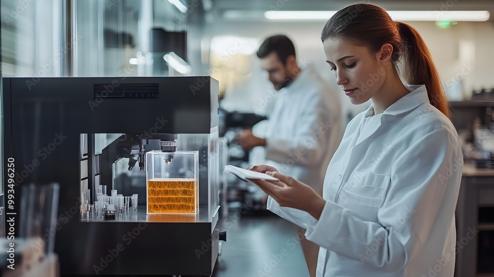 Researchers Collaborating in Futuristic Biotechnology Laboratory with 3D Printing Equipment Researchers Collaborating in Futuristic Biotechnology Laboratory with 3D Printing Equipment