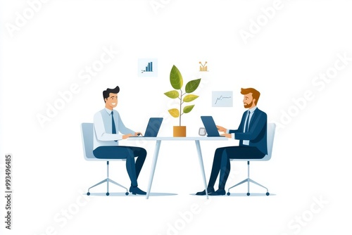 Two professionals working collaboratively at a modern office table with laptops and a decorative plant.