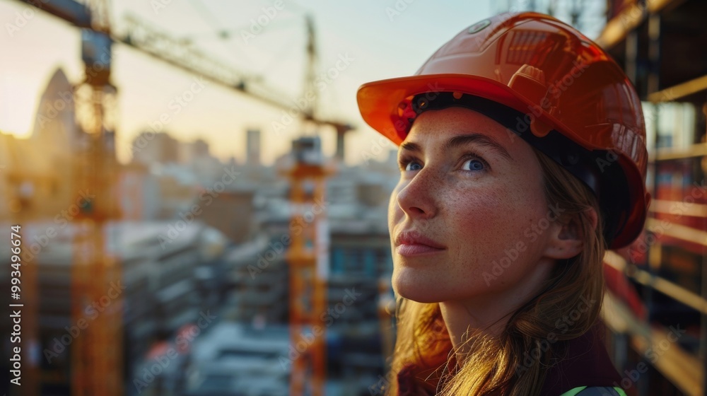 Young woman in orange hard hat looks at construction site during sunset. She reflects on her future in the industry. Young woman in orange hard hat looks at construction site during sunset. She reflects on her future in the industry.