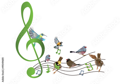 Abstract nature treble clef decorated with summer and spring flowers, notes, birds. Light and relax music. Hand drawn vector illustration.