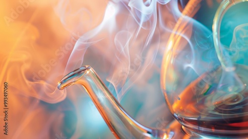 A steaming kettle releasing soft smoke in vibrant colors. The warmth of tea fills the air, inviting and soothing for every tea lover. photo