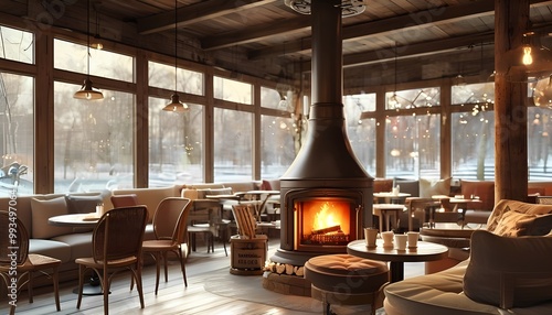 a warm, inviting coffee shop centered around a large fireplace, with plush seating, rustic wooden decor, and soft lighting. Create a cozy space for customers to relax and enjoy their coffee photo