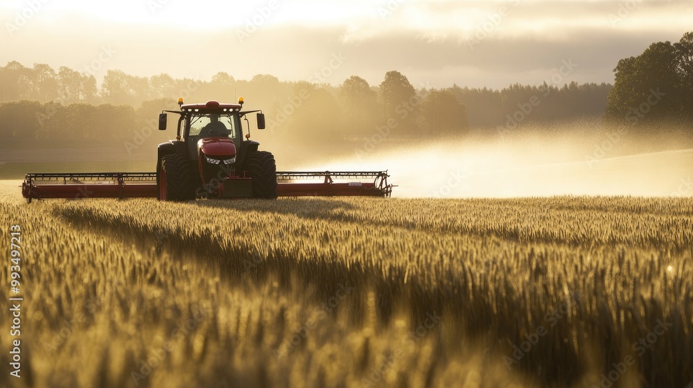 Naklejka premium A large red tractor drives through a wheat field, releasing a fine mist of pesticide, ensuring crop protection.