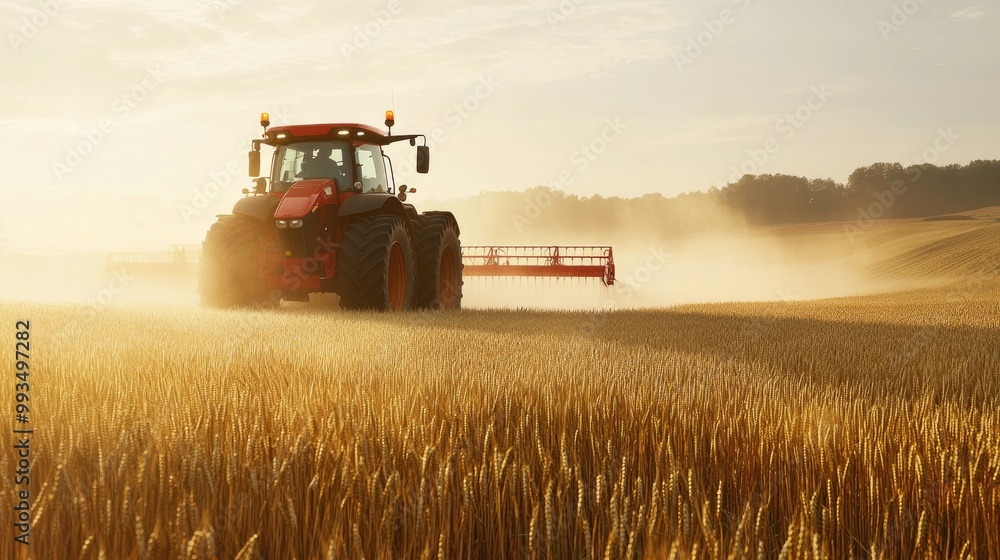 Fototapeta premium A large red tractor drives through a wheat field, releasing a fine mist of pesticide, ensuring crop protection.