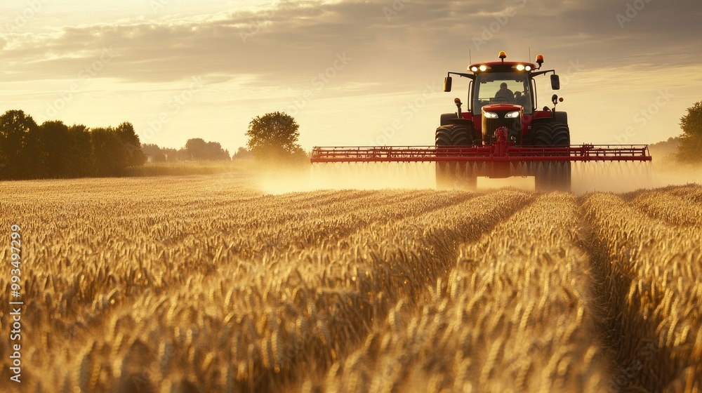 Fototapeta premium A large red tractor drives through a wheat field, releasing a fine mist of pesticide, ensuring crop protection.