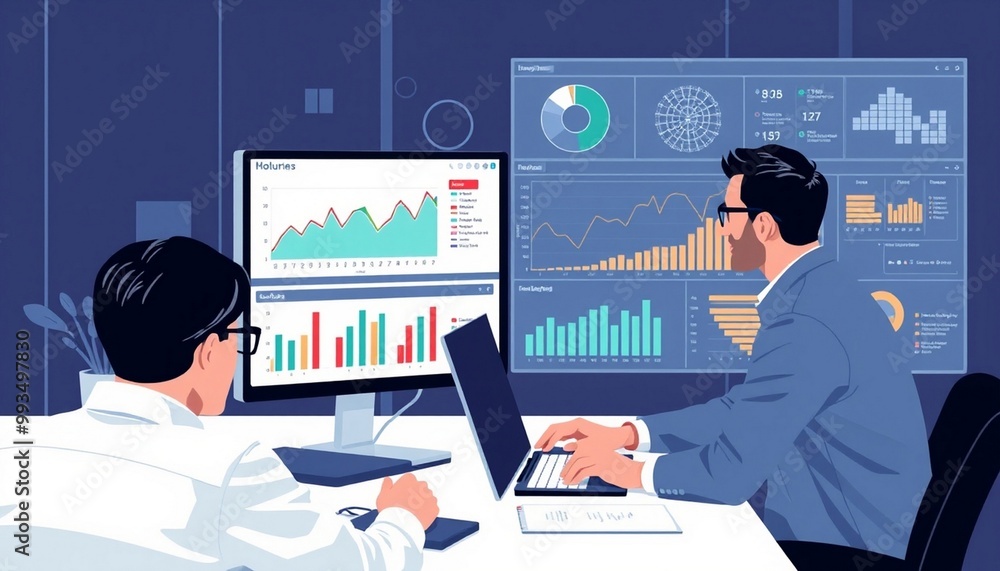 Business people working on monitor graph dashboard vector illustration Business people working on monitor graph dashboard vector illustration