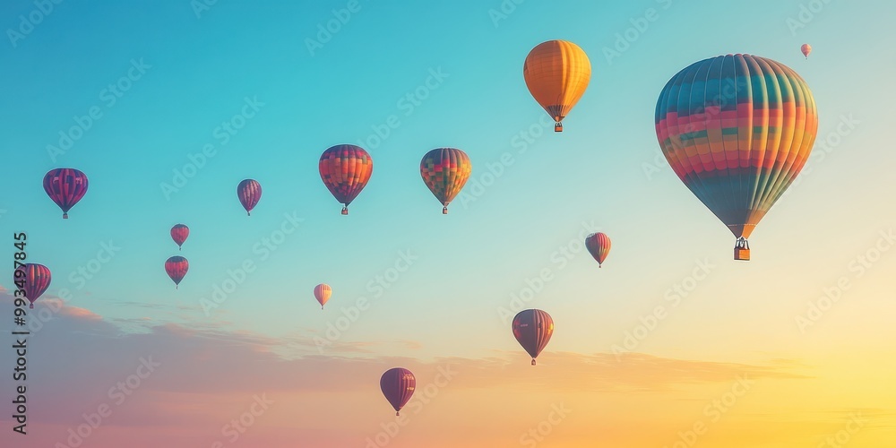 A breathtaking view of colorful hot air balloons soaring into a vibrant sunset sky, creating a serene and uplifting scene. A breathtaking view of colorful hot air balloons soaring into a vibrant sunset sky, creating a serene and uplifting scene.