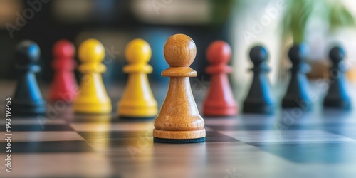 Wallpaper Mural A close-up of a wooden pawn standing out on a vibrant chessboard surrounded by colorful pawns, symbolizing strategy and competition. Torontodigital.ca