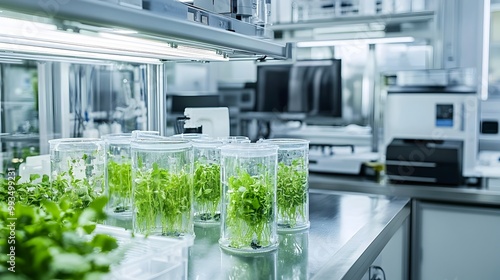 Innovative Biotechnology Lab with Bioreactors Cultivating Genetically Modified Organisms for photo