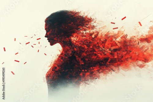 A stylized figure being crushed by a wave of red spiky digital shapes symbolizing the suffocating nature of cyberbullying photo