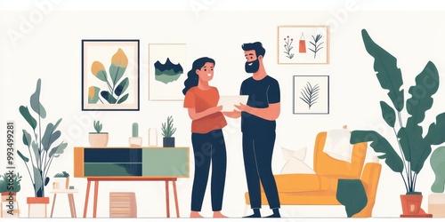 A couple enjoys a cozy moment in a modern living room filled with plants and art, creating a warm and inviting atmosphere.