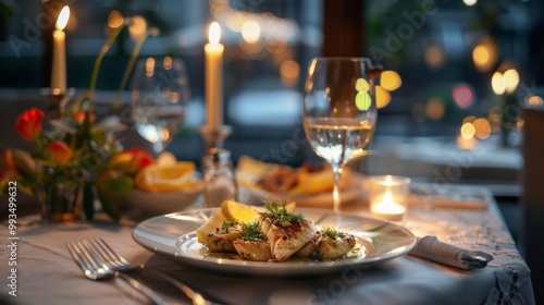 Elegant Dinner Setting with Delicious Fish Dish and Wine Glasses